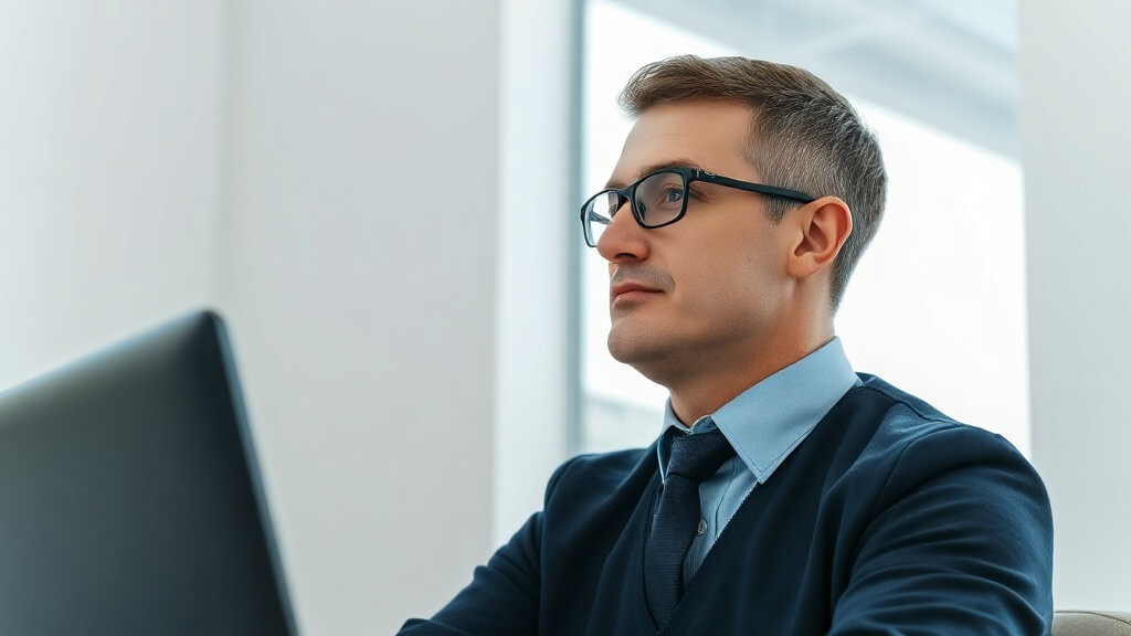 Mortgage professional reviewing a marketing workflow in a bright office.