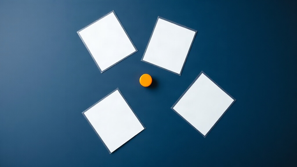 Text-free editorial still life of a mortgage automation workflow evaluation with blank review cards and an orange marker