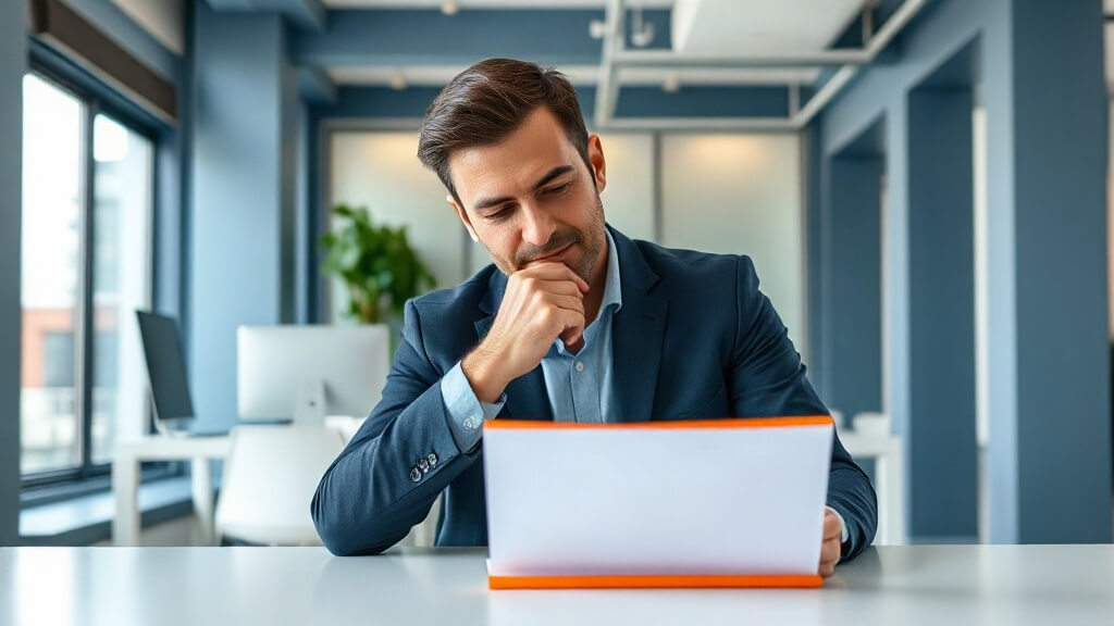 Mortgage loan officer reviewing a CRM evaluation checklist in a bright office