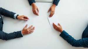 Mortgage loan officer reviewing relationship records and next actions with a colleague in a bright office