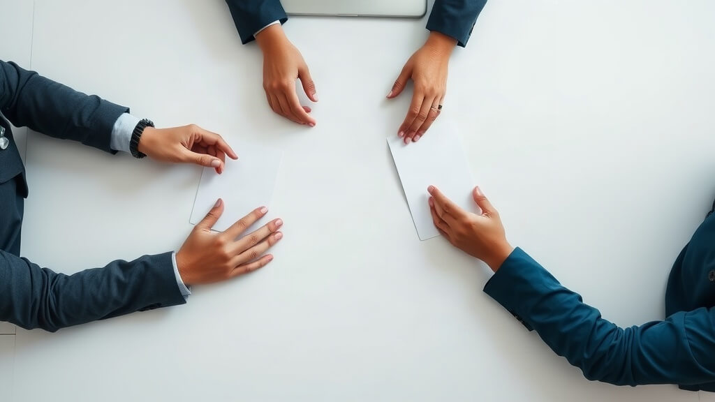 Mortgage loan officer reviewing relationship records and next actions with a colleague in a bright office