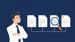 Text-free editorial illustration of a loan officer reviewing a mortgage document workflow