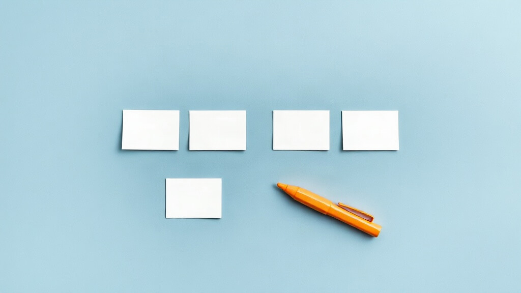 Text-free editorial image of five organized document-review cards on a navy surface with a restrained orange review marker
