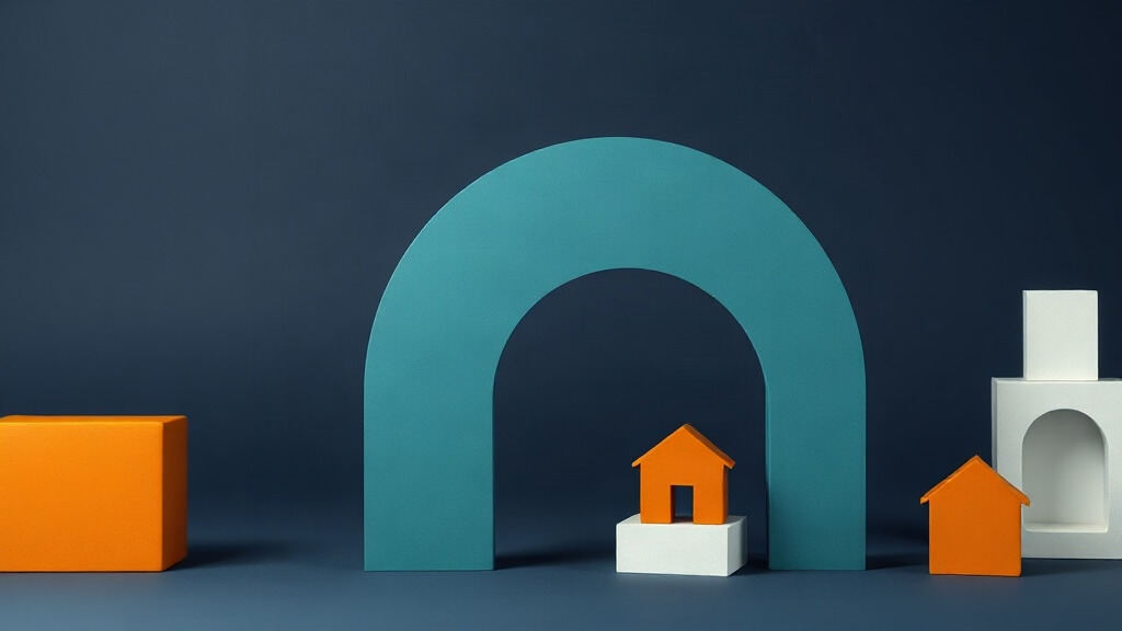 Abstract editorial illustration of a mortgage lead-management record review with navy, teal, white, and orange geometric objects