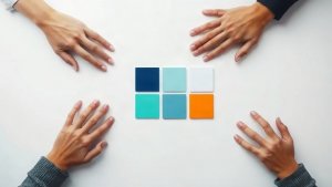 Mortgage professionals organizing a blank campaign-review board on a bright table