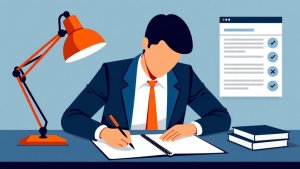Text-free editorial illustration of loan officer documenting a clear and useful mortgage relationship note after a conversation.