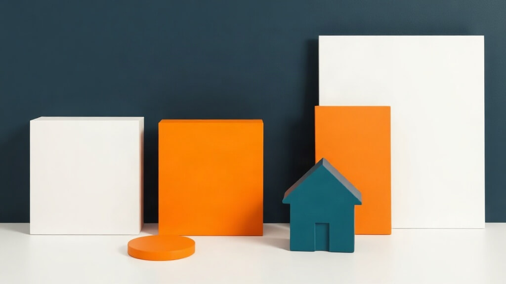 Text-free abstract editorial illustration of a mortgage newsletter planning workflow in navy, teal, white, and orange