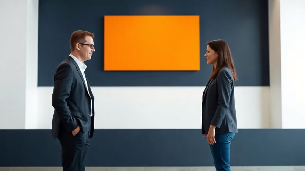 Text-free editorial illustration of a loan officer and real estate partner reviewing relationship activity and next actions in a mortgage workflow.