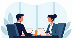 Text-free editorial illustration of loan officer and referral partner reviewing a relationship workflow around shared borrower handoffs.