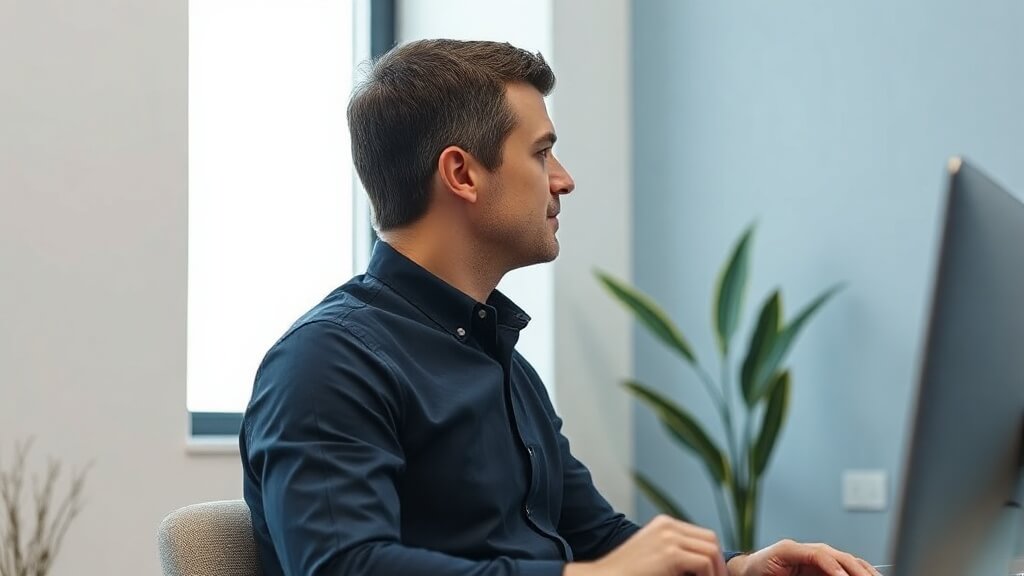 Mortgage loan officer reviewing a virtual workflow in a bright office.
