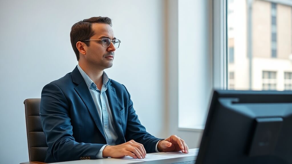 Loan officer evaluating a mortgage CRM workflow in a bright office.