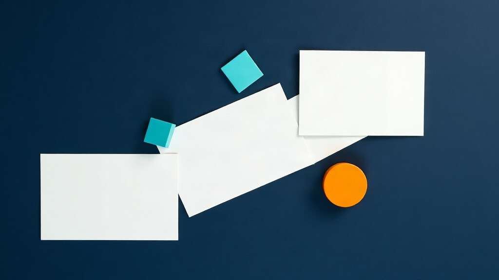 Editorial illustration of five blank mortgage CRM workflow review cards in a navy, teal, and orange arrangement
