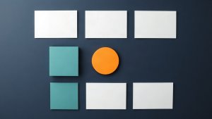 Abstract editorial illustration of blank system review cards with teal and orange markers on navy