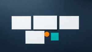 Abstract editorial illustration of blank mortgage marketing planning cards with teal and orange review markers on navy