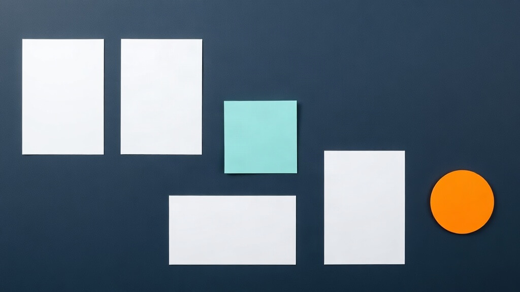 Editorial illustration of five blank individual mortgage workflow review cards in a navy, teal, and orange arrangement
