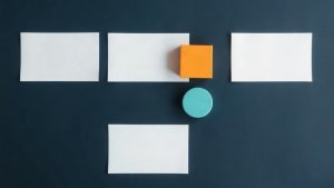 Abstract editorial illustration of blank mortgage content-planning cards with teal and orange markers on navy