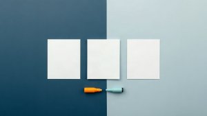 Textless editorial illustration of a mortgage lead nurturing review with three blank relationship cards and restrained navy, teal, and orange markers