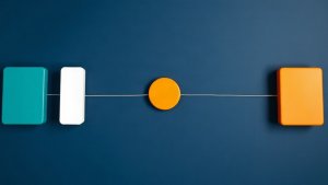 Abstract editorial illustration of two professional relationship paths meeting at an orange review point in navy, teal, white, and orange