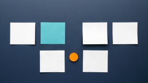 Abstract editorial illustration of blank mortgage website content-review cards with teal and orange markers on navy