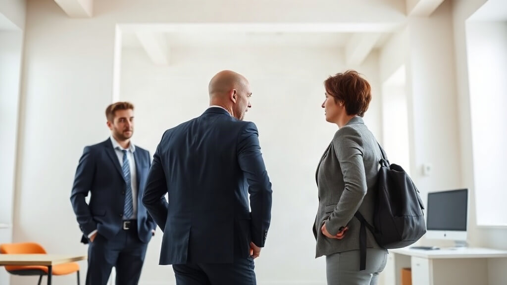 Mortgage professional and operations colleague reviewing a CRM fit evaluation in a navy and white office with a restrained warm-orange accent.