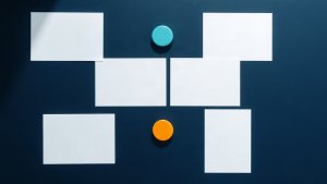 Abstract editorial illustration of blank content-review cards with teal and orange markers on navy
