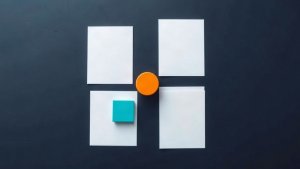Abstract editorial illustration of blank social media planning cards with teal and orange review markers on navy