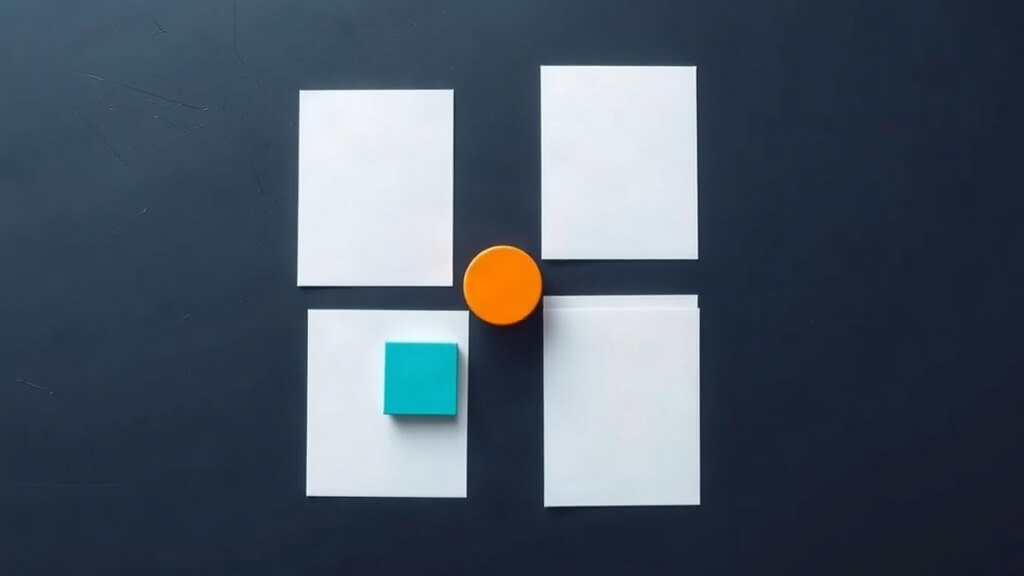 Abstract editorial illustration of blank social media planning cards with teal and orange review markers on navy