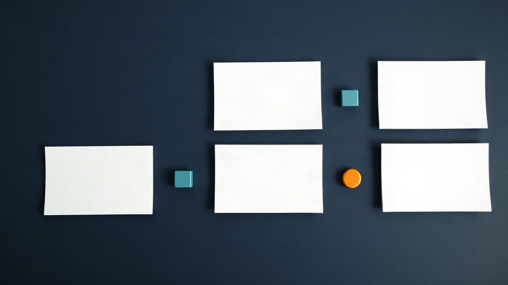 Abstract editorial illustration of blank mortgage social media planning cards with teal and orange markers on navy