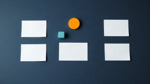 Abstract editorial illustration of blank communication review cards with teal and orange markers on navy